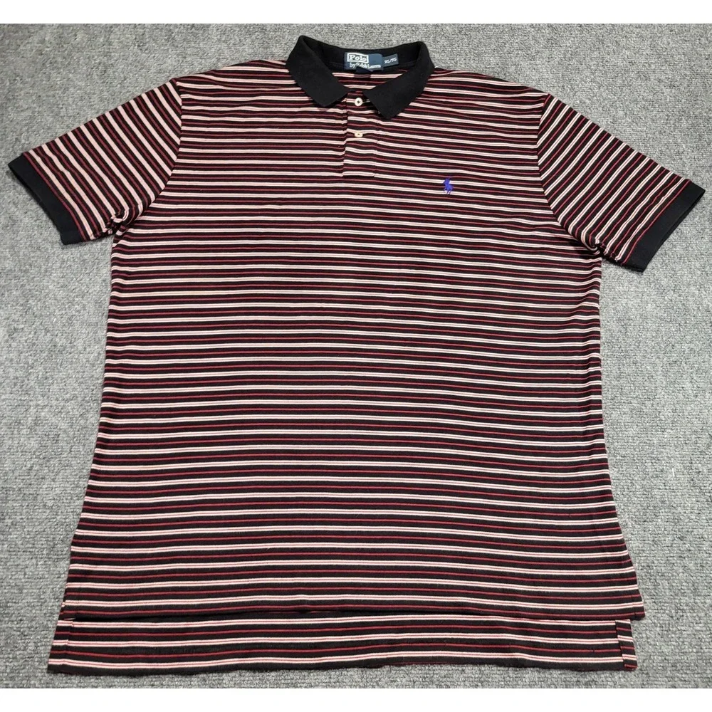 Vtg Polo Ralph Lauren Men's Red Black Striped Pony Short-Sleeve T-Shirt Size XL